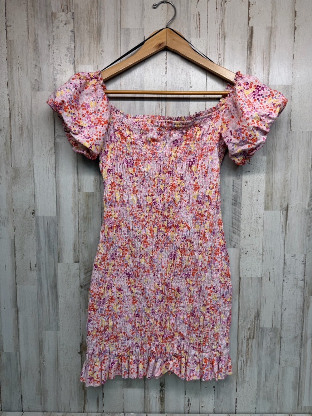 H&M Smocked Floral Mini Dress Womens Medium Pink Puff Sleeve Off Shoulder